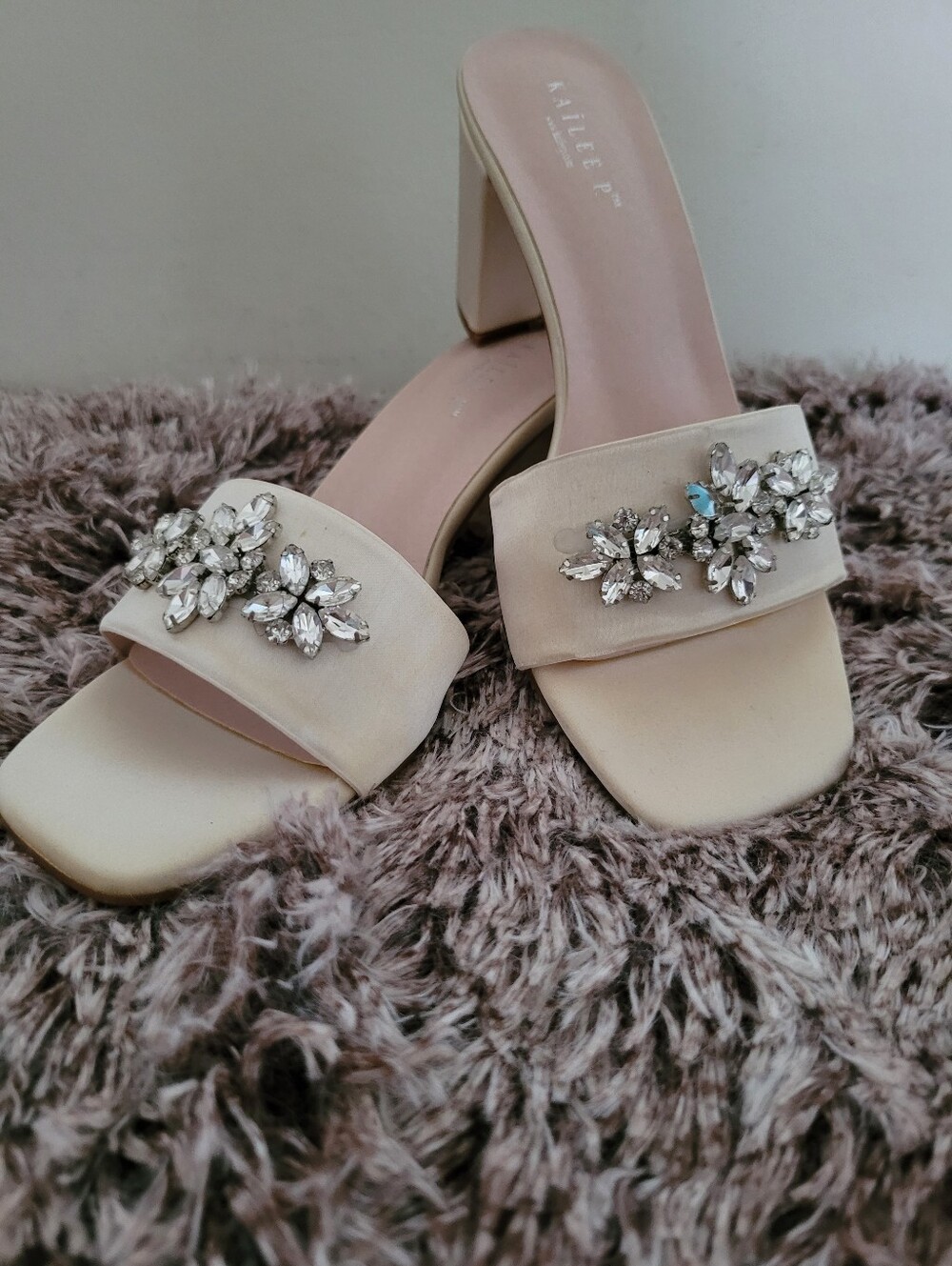 Kailee P Crystal-Embellished Ivory Satin Block Heel Mules